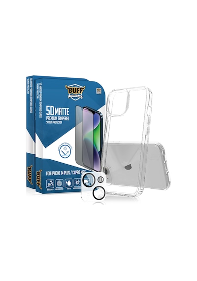 Buff Apple iPhone Uyumlu  14 Plus - 2x5d Ekran Koruyucu + Şeffaf Kılıf + Lens Koruyucu Matte Mat