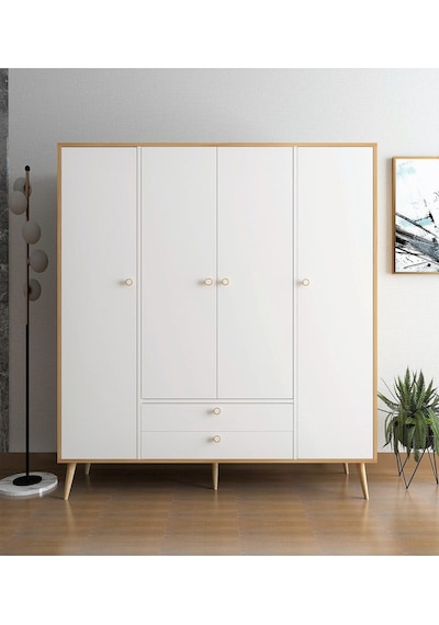 Floradesign Tema Elbise Dolabı 4 Kapaklı Çekmeceli Dolap Gardırop /beyaz Meşe