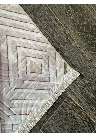 Konak Halı Renkli Modern Halı Geometrik Desenli Emboss Saçaklı Salon Halısı Krem
