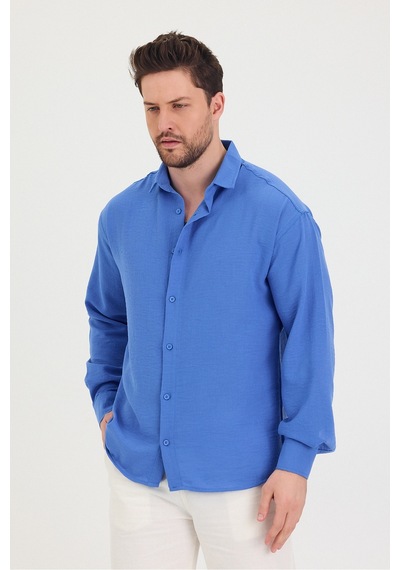 Cool Tarz Erkek Slim Fit Dar Kalıp Uzun Kol Pamuklu Keten Efekt Gömlek Saks Mavi Saks Mavi