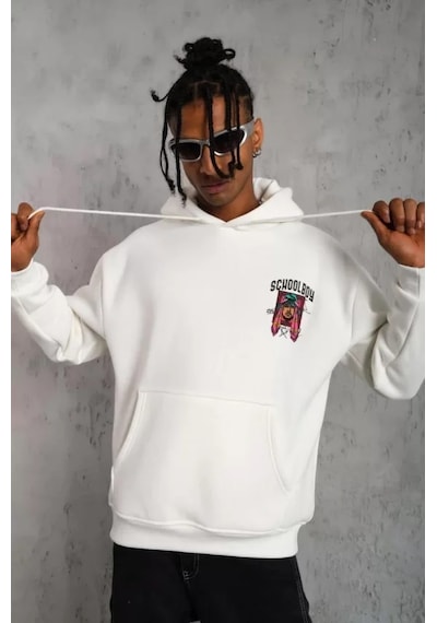Modi Green School Boy Karakter Baskılı Erkek Beyaz Kapüşonlu Sweatshirt