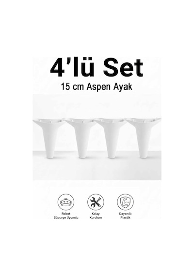 Aspen 15 Cm Beyaz 4'lü Set Koltuk Baza Dolap Tv Ünitesi Yatak Odası Konsol Ayağı Siyah