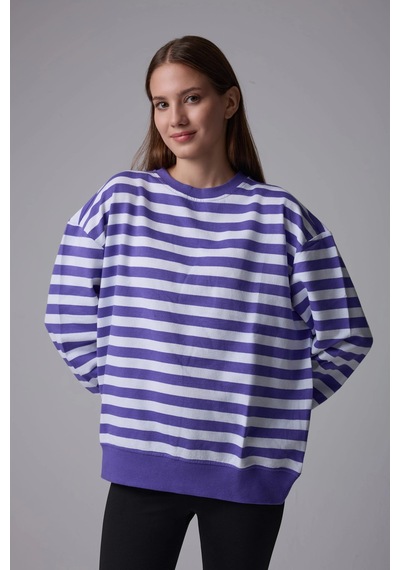 Defys Kadın Çizgili Oversıze Sweat Mor-beyaz - 608041455 Mor-beyaz