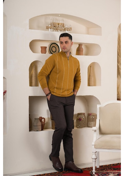 San&fa Çizgili Balıkcı Yaka Fermuarlı Regular Fit Erkek Triko Kazak