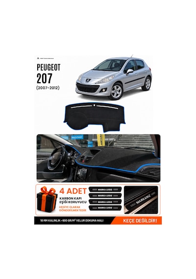 Peugeot 207 2007-2012 Uyumlu Torpido Koruma, Torpido Örtüsü, Torpido Kılıfı - Siyah-mavi - Pe005