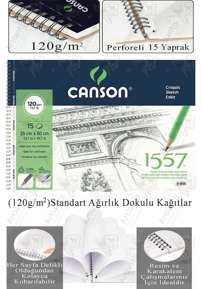 Telli Eskiz Defteri Canson 1557 35x50 Cm Spiralli 15 Yaprak 1 Adet 120 Gr Karakalem Sketch Resim Guaj Sulu Pastel