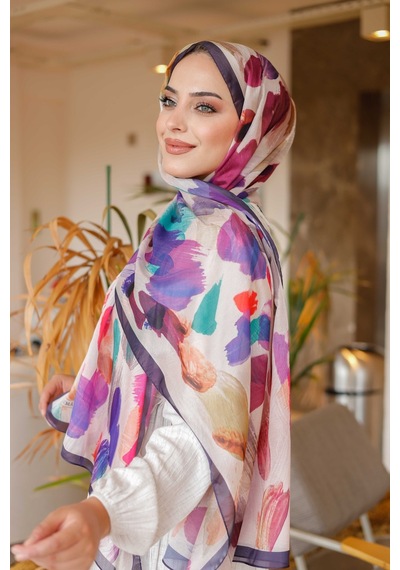 Mimiyum Nayf İpek Şal Pastel Desen Mor