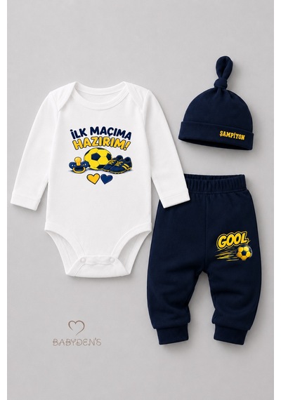 Babyden's Bebek 3'lü Takım Sarı Lacivert Taraftar Temalı Uzun Kol %100 Pamuk Yenidoğan Seti İlk Maçıma Hazırım