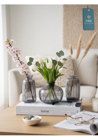 Chacha Home Modern 3'lü Minimalist Cam Çiçek Vazosu Dekoratif Masa Üstü Vazo Seti Füme