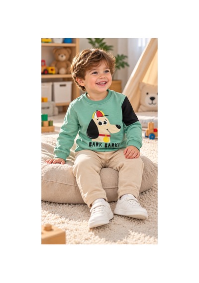 Messlife Köpek Baskılı Mint Yeşili Erkek Çocuk Sweatshirt Yeşil - 929241309 Yeşil