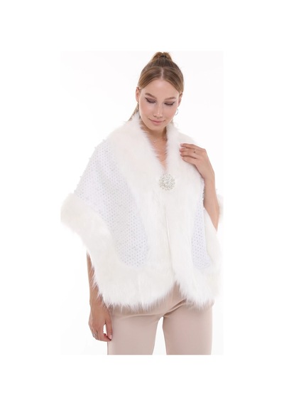 Furrier Geniş Kesim Taşlı Bolero Beyaz