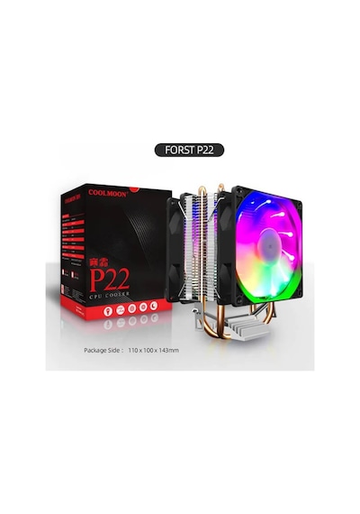 Coolmoon P22 Rgb İşlemci Soğutucu Fan Çift Fanlı Bakır Kanallı , Intel Amd Uyumlu Cpu Fanı