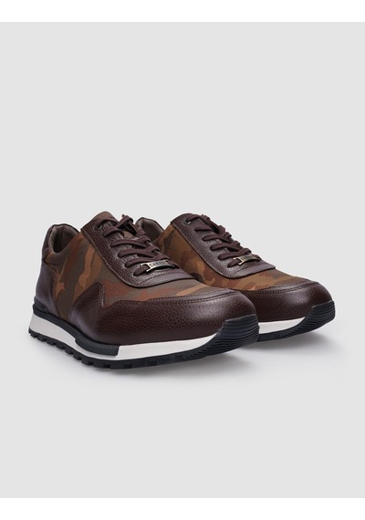 %100 Hakiki Deri Kahverengi Bağcıklı Kamuflaj Desenli Erkek Sneaker-kahverengi Kahverengi