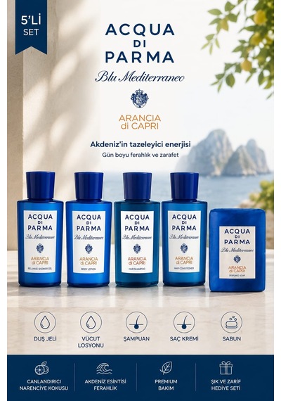 Acqua Di Parma Arancia Di Capri 5'li Bakım Seti Duş Jeli, Vücut Losyonu, Şampuan, Saç Kremi 75 Ml + Parfümlü Sabun 100 Gr