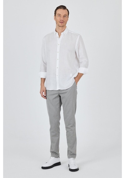 İmza Uzun Kol Düz Keten Düğmeli Yaka Cepsiz Casual Comfort Fit Gömlek 1004250114 Beyaz