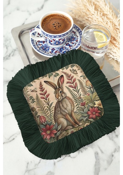 Vintage Tavşan Bahçe Saçaklı Sunum Peçetesi - Doğal Botanik Bohem Koyu Yeşil Bardak Altlığı Mendil Çok Renkli