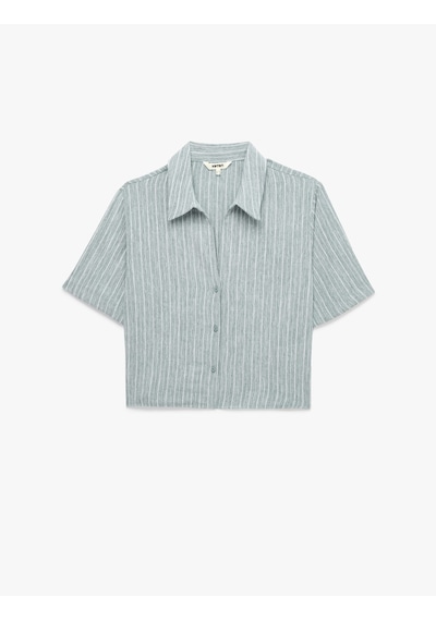 Koton Regular Fit Kaçık Yaka Kısa Kollu Crop Gömlek Lacivert Çizgili 6sak60311pw 7s2