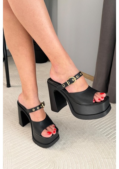 Preshley Kadın Kimi Siyah Toka Dedaylı 12 Cm Platform Topuklu Terlik Siyah