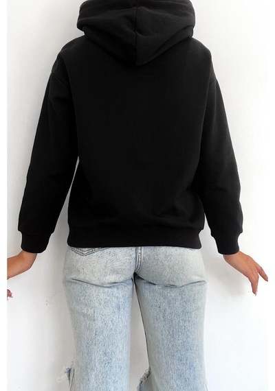 Femelle Kadın Yeni Sezon Karakter Baskılı Kapüşonlu Pamuklu Sweatshirt siyah