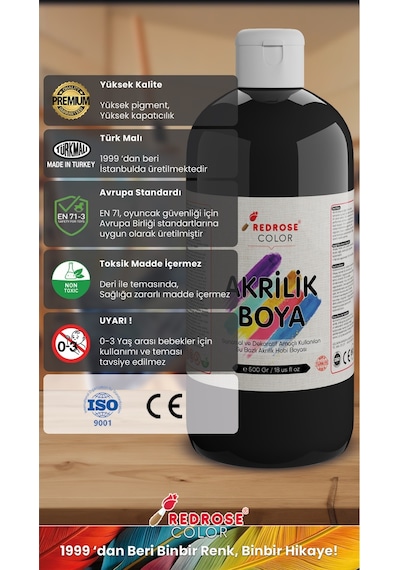 Red Rose Siyah Akrilik Boya 500  G