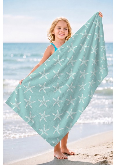 Deniz Yıldızı Temalı Plaj Havlusu - Marine Minimalist Turkuaz Beyaz Hızlı Kuruyan Mikrofiber Havlu Eski Yosun