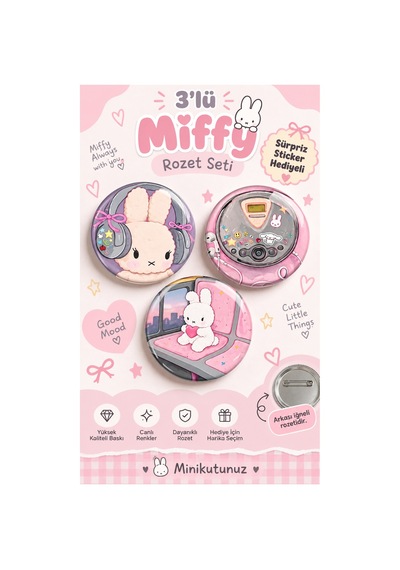 Minikutunuz 3 Lü Miffy Temalı İğneli Yaka Rozeti Seti Sevimli Tavşan Sürpriz Sticker Hediyeli Diğer