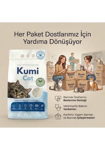 Kumi Cat Eko-premium Saf Dokunuş Kokusuz Naturel Kedi Kumu, Alerji Dostu Güçlü Topaklanan Bentonit 5 L