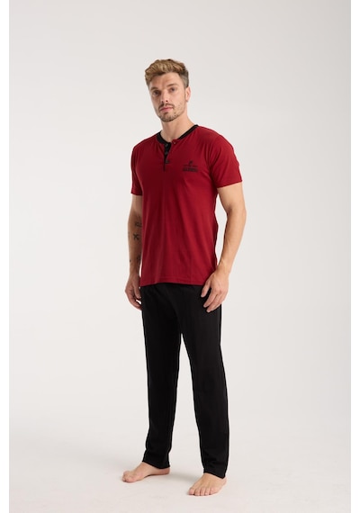 Akbeniz Erkek Bordo Düğmeli Yaka Kısa Kol Pijama Takımı