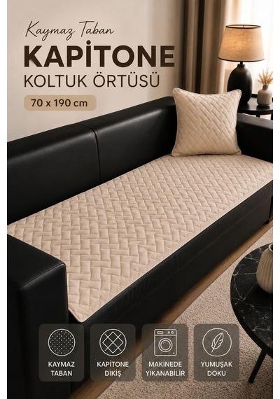 Kaymaz Taban Kapitone Koltuk Örtüsü Çekyat Koruyucu 70x190 Cm Krem