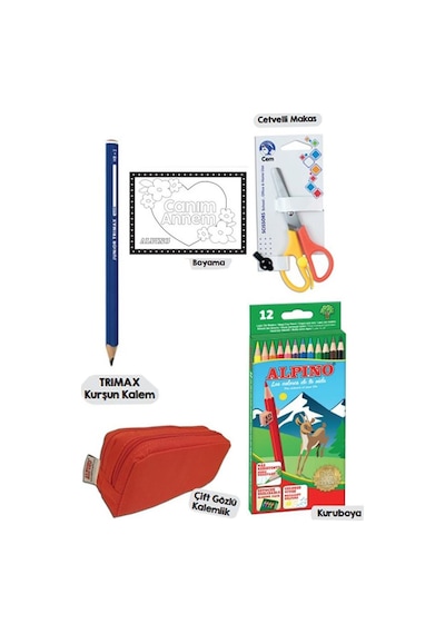 Okul Kırtasiye Seti 15 Parça 1 Paket Alpino Keçeli Kalem Kuruboya Pastel Boya Oyun Hamuru Makas Stick Yapıştırıcı