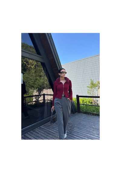İkrafashion Yakası Kürklü Triko Hırka Bordo Bordo