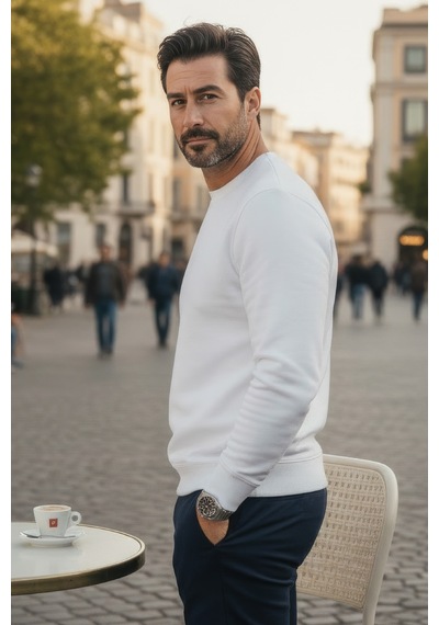 Goffra Erkek Focus Esnek Kumaş Yumuşak Dokulu Günlük Sweatshirt Ekru M401-r0342-01