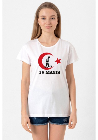 19 Mayıs Ata Beyaz Kadın Bisikletyaka Tshirt Beyaz