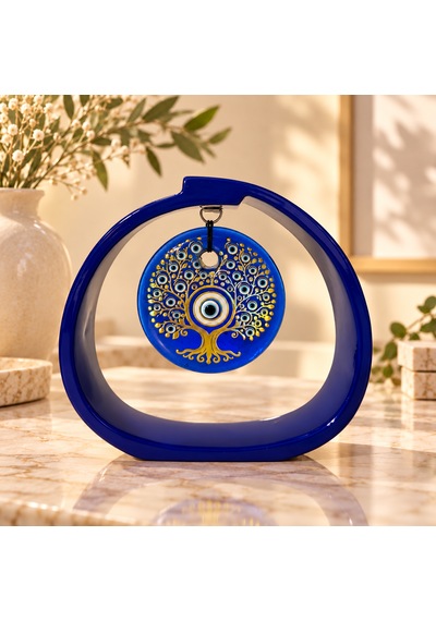 Mavi Gold Hayat Ağacı Nazar Boncuklu Dekoratif Obje Şık Masa Süsü 15x17 Cm