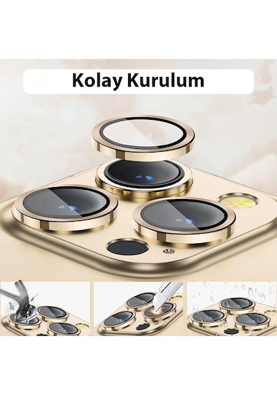 Ally iPhone Uyumlu 14 Pro-14 Pro Max 3d Metal Çerçeveli Kamera Lens Koruyucu- 5775 Altın