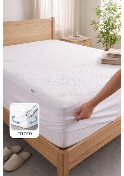 Bambu Kumaş Premium Sıvı Geçirmez Fitted Alez Doğal Bambu Lüks Yatak Koruyucu Sessiz Alez Beyaz