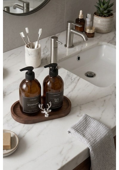 Amber Şişe Sabunluk Cam İkili Şampuan-duş Jeli Banyo Düzenleyici Klasik Gümüş Geyik Ahşap Standlı 500ml