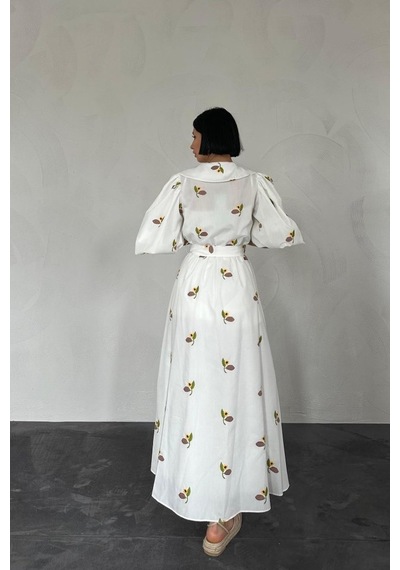 Moderie Butik Kahverengi Yakası Çiçek Motifli Kemerli Elbise Kahve
