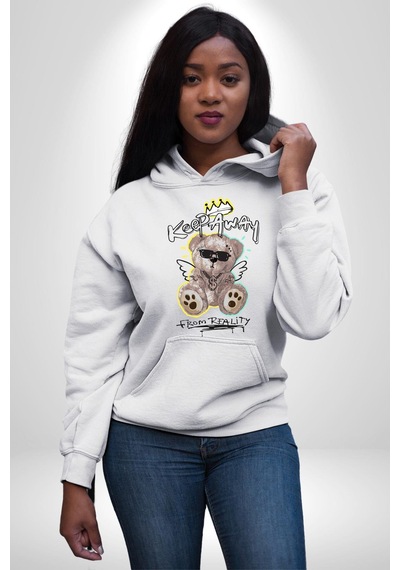 Gerçeklikten Uzak Tutun Kadın Erkek Beyaz Kapüşonlu Sweatshirt Hoodie Beyaz