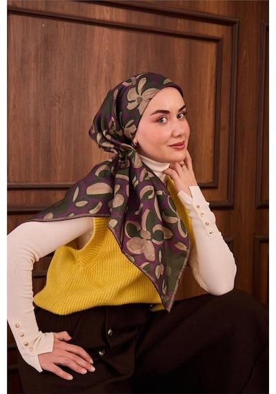 Silk Home Twill İpek Eşarp Erguvan Yeşil Vizon Papatya Desenli Tok Duruşlu 90x90 Çok Renkli