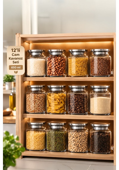 Porsima 4402 Bormio Metal Kapaklı 12 Cam Kavanoz Seti Vakum Kapaklı Saklama Düzenleme Kabı Seti 650ml Şeffaf