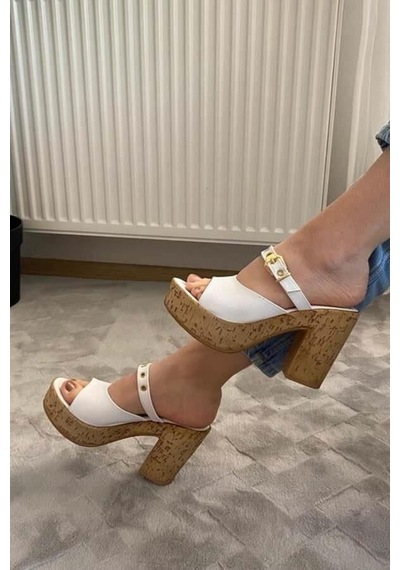 Asmi Shoes Kadın Tena Mantar Taban Platform Topuklu Terlik 10 Cm Snd456 Beyaz Beyaz