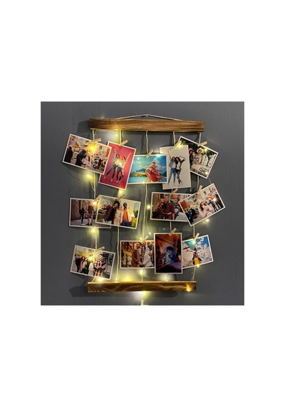 Ahşap Fotoğraf Çerçevesi Led Işıklı Ipli Mandallı Resim Askısı