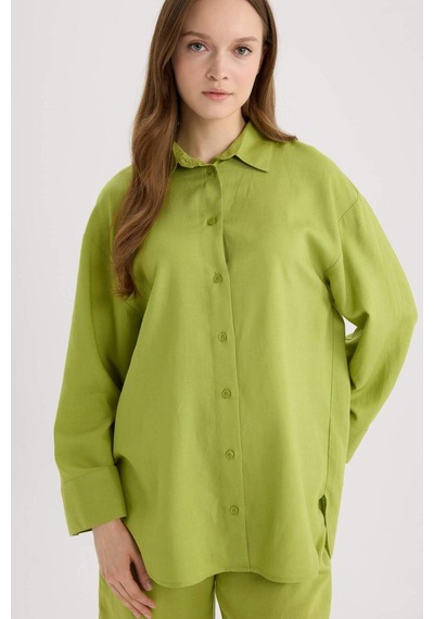 Defacto Relax Fit Keten Karışımlı Uzun Kollu Gömlek Tunik D8183ax25spgn698 Yeşil