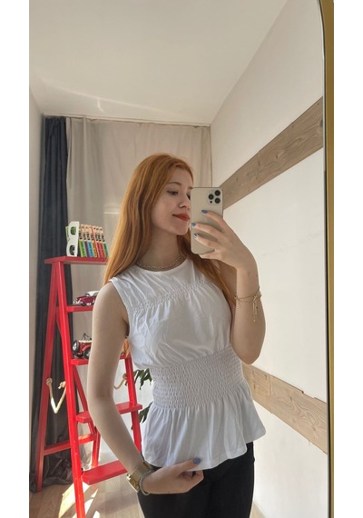 Büzgülü Kadın Beyaz Bluz BEYAZ