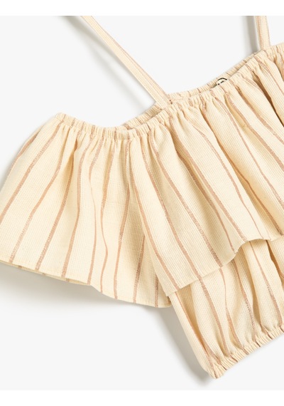 Koton Crop Bluz Düşük Omuz Askılı Kısa Kollu Pamuklu Bej Çizgili 4skg60166aw Ekru