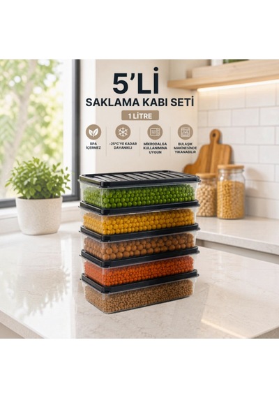 5'li Saklama Kabı Seti 1 Litre Bpa'sız Mikrodalga Ve Derin Dondurucu Uyumlu Gıda Saklama Kabı Gri