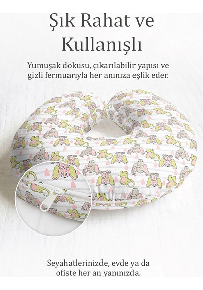 Sevimli Fil Desenli Pamuklu Boyun Yastığı - Pastel Pembe Sarı Çizgili Seyahat Yastığı Soluk Okyanus Elma Yeşili