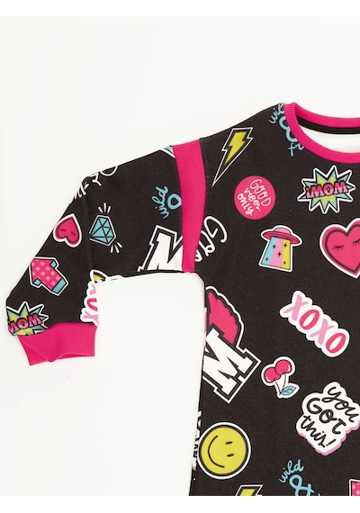 Denokids Kız Çocuk Kışlık Slogan Baskılı Siyah Uzun Kollu Elbise 4-10 Yaş