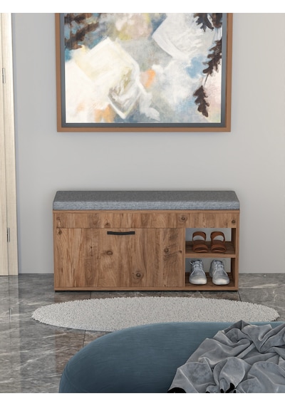 Ayakkabılık Minderli Bench Dolap Çok Amaçlı Raflı Puflu Oturaklı Ayakkabı Dolabı 192 Atlantik Çam Çok Renkli